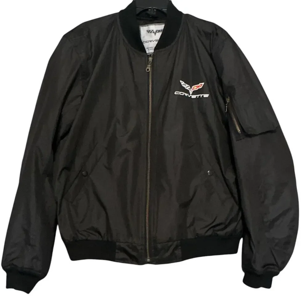 Corvette C6 Aviator Bomber Jacket Black Embroidered Logo Zip Sleeve Mens L